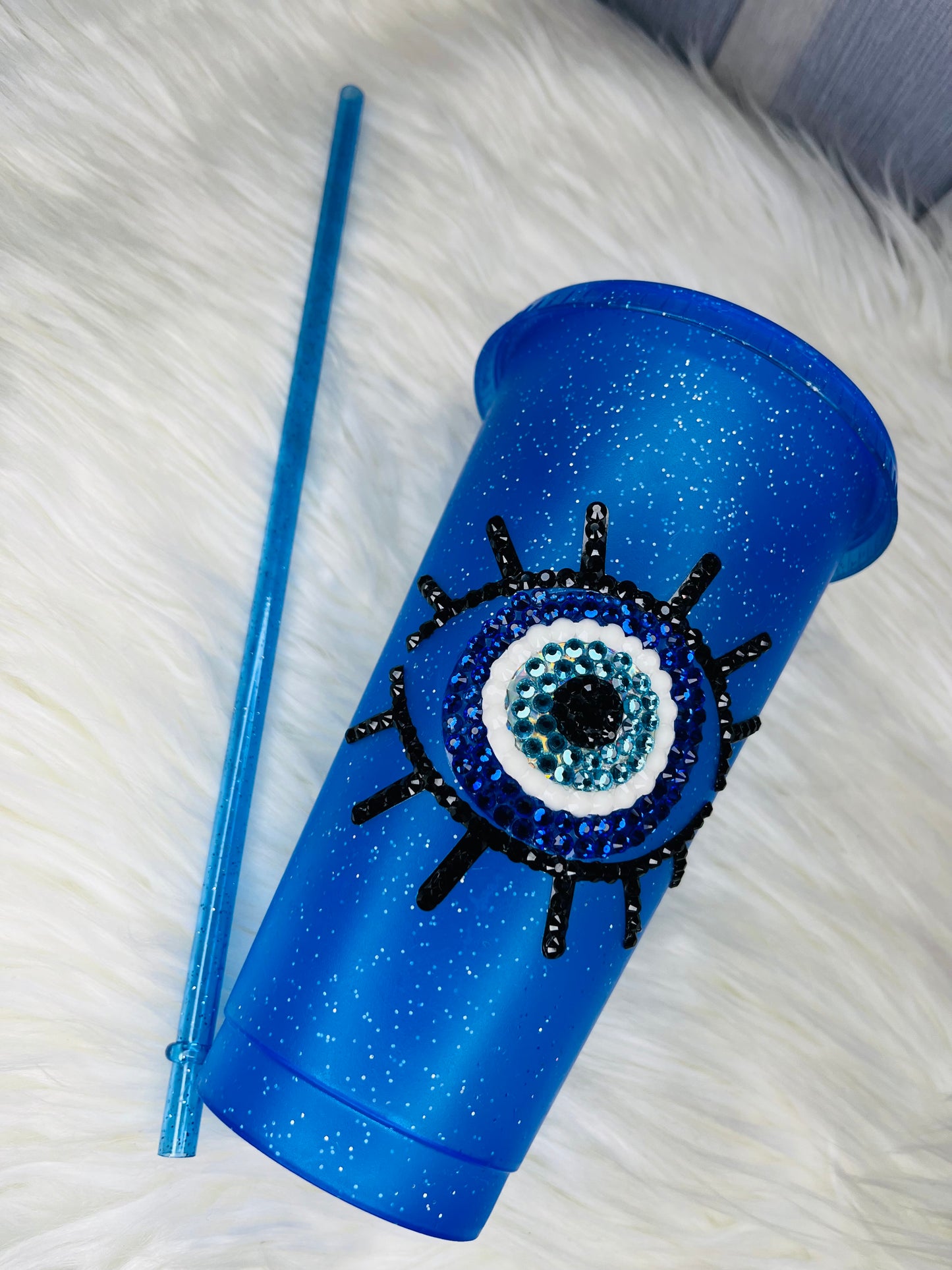 24oz Blue Evil Eye Half-Bling Glitter Tumbler Cup